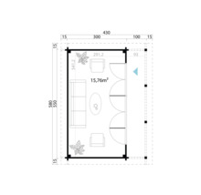 Grundriss eines Gartenhauses mit Möbeln und Maßangaben