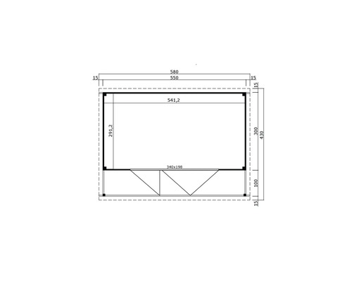 Grundrisszeichnung eines Gartenhauses mit Maßangaben