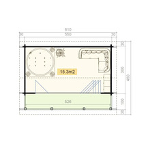 Grundriss eines Gartenhauses mit Whirlpool und Sofa, Maße in Zentimetern angegeben
