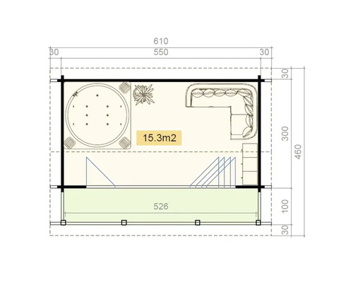 Grundriss eines Gartenhauses mit Whirlpool und Sofa, Maße in Zentimetern angegeben