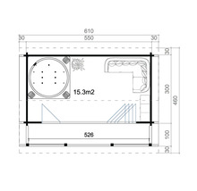 Grundrisszeichnung einer Gartensauna mit Hot Tub und Möbeln