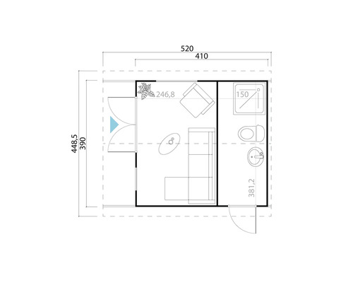 Grundriss eines Gartenhauses mit Wohnbereich und Badezimmer mit Maßangaben