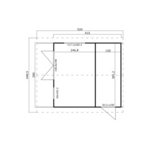 Grundrisszeichnung eines Gartenhauses mit Maßangaben