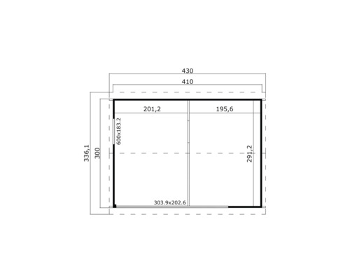Grundrisszeichnung eines Gartenhauses mit Maßangaben
