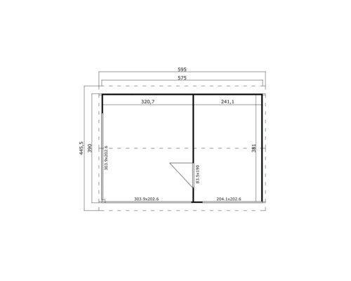 Grundrisszeichnung eines Gartenhauses mit Maßangaben