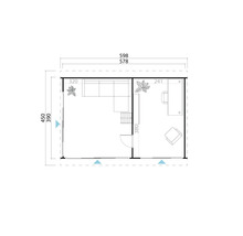 Grundriss eines Gartenhauses mit Wohn- und Arbeitsbereich