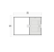 Grundriss mit Maßangaben für ein Gebäude: Länge 598/578 cm, Breite 450/390 cm. Raumaufteilung mit Treppe und Innenausstattung.