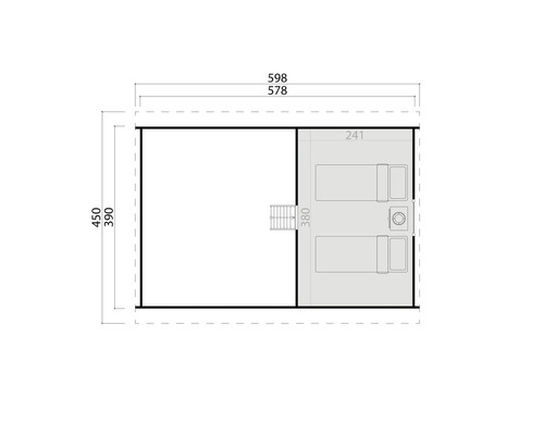 Grundriss mit Maßangaben für ein Gebäude: Länge 598/578 cm, Breite 450/390 cm. Raumaufteilung mit Treppe und Innenausstattung.