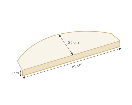 Halbrunde Regalplatte mit den Maßen 65 cm mal 25 cm mal 3 cm.