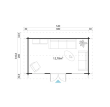 Grundrisszeichnung eines Gartenhauses mit Maßen