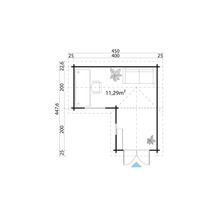 Grundriss eines Gartenhauses mit Maßen und Inneneinrichtung