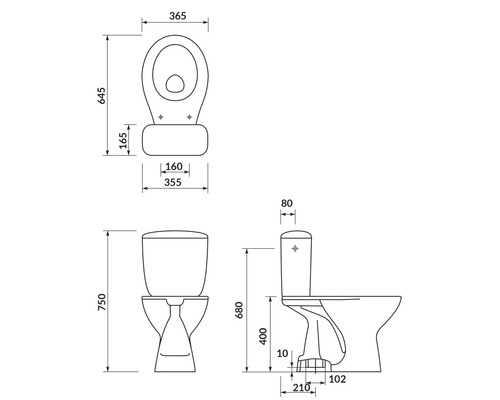 Technische Zeichnung eines Stand-WCs mit Maßangaben.