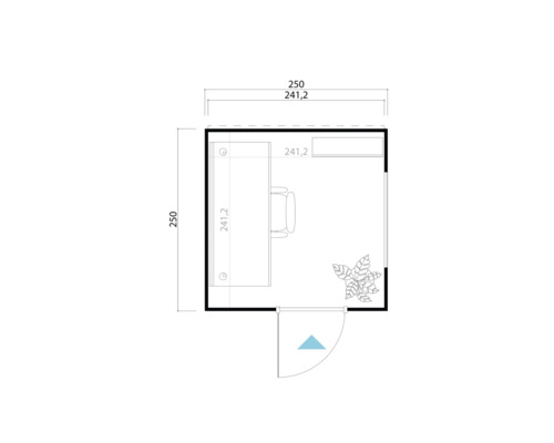 Grundriss eines Büros mit Schreibtisch, Stuhl und Pflanze
