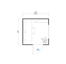 Grundriss eines Büros mit Schreibtisch, Bürostuhl und Pflanze