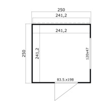 Skizze eines Gartenhauses mit den Maßen 250 x 250 Zentimeter