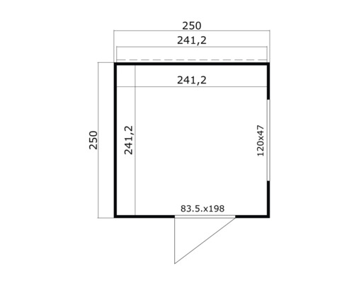 Skizze eines Gartenhauses mit den Maßen 250 x 250 Zentimeter