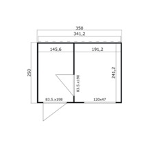 Technische Zeichnung eines Gartenhauses mit Maßangaben.