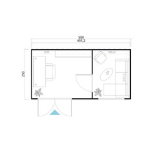 Grundriss eines Gartenhauses mit Büro und Wohnbereich sowie den Maßen.