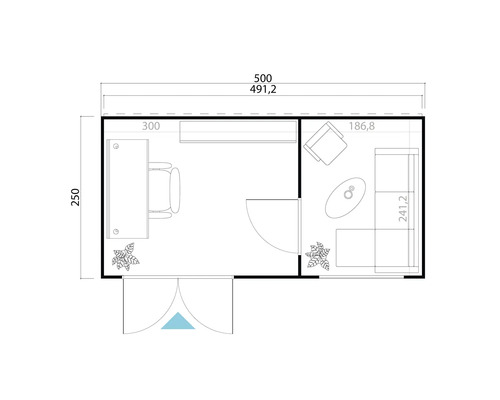 Grundriss eines Gartenhauses mit Büro und Wohnbereich sowie den Maßen.