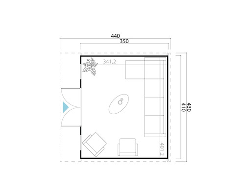Grundriss eines Wohnzimmers mit Möbeln und Abmessungen