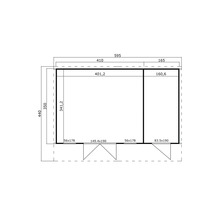 Grundrisszeichnung eines Gartenhauses mit Maßangaben