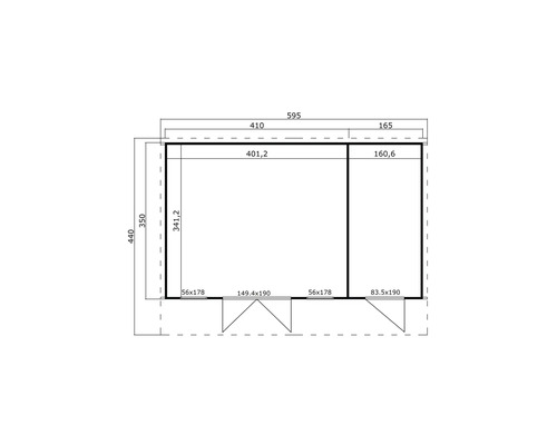 Grundrisszeichnung eines Gartenhauses mit Maßangaben