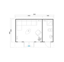 Grundriss eines Gartenhauses mit Wohnzimmer und Bad inklusive Maße