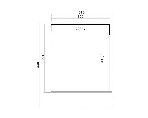 Technische Zeichnung eines Möbelelements mit Maßangaben
