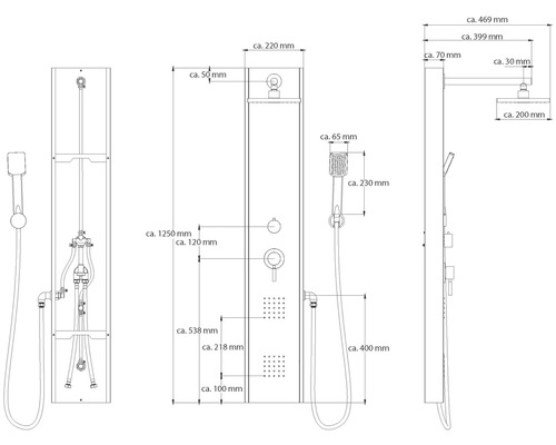 Technische Zeichnung einer Duschsäule mit Maßangaben