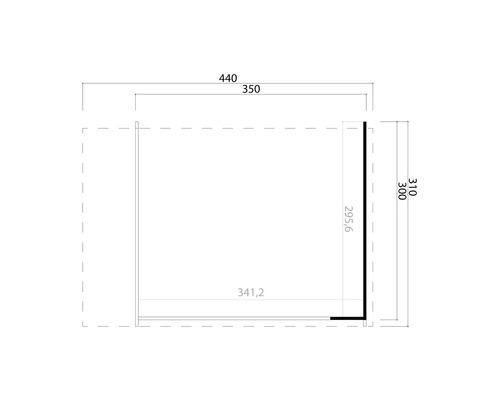 Technische Zeichnung eines Eckschranks mit den Maßen 440, 350, 310 und 300.