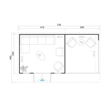 Grundrisszeichnung eines Gartenhauses mit Maßen und Inneneinrichtung