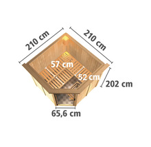 Draufsicht der Sauna mit den Massangaben 210 cm, 202 cm, 65,6 cm, 57 cm und 52 cm