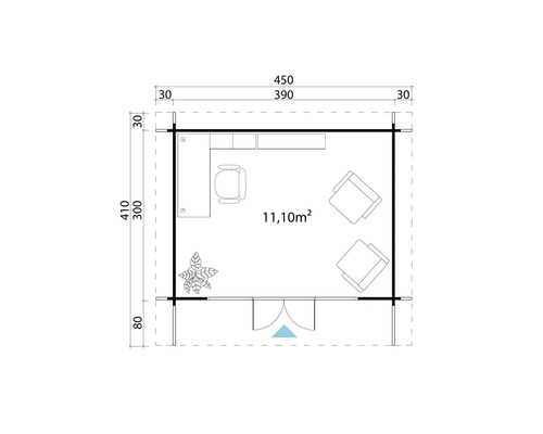 Grundriss eines Gartenhauses mit Möbeln und Maßangaben
