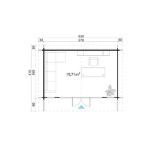 Grundriss eines Gartenhauses mit Möbeln und Abmessungen