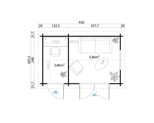 Grundriss eines Gartenhauses mit Größenangaben