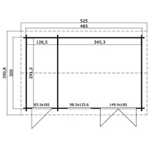 Grundrisszeichnung eines Gartenhauses mit Maßangaben