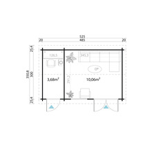 Grundriss eines Gartenhauses mit Möbeln und Größenangaben
