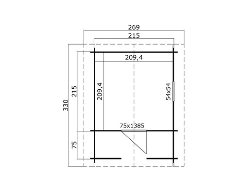Technische Zeichnung eines Gartenhauses mit Maßangaben
