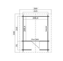 Grundrisszeichnung eines Gartenhauses mit Maßangaben