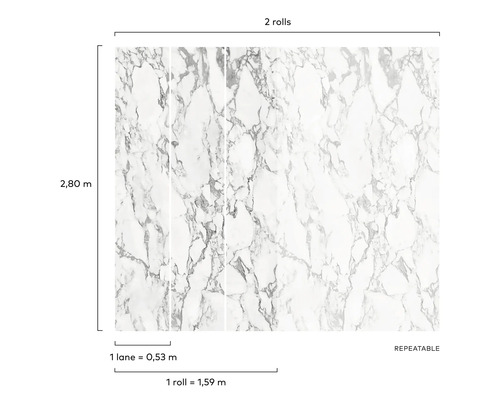 Tapete mit Marmormuster, zwei Rollen, wiederholbares Muster, 2,80 Meter hoch, eine Bahn ist 0,53 Meter, eine Rolle ist 1,59 Meter