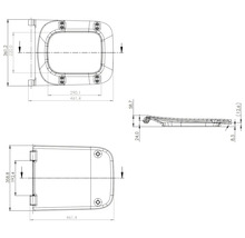 Technische Zeichnung eines Toilettensitzes mit Maßangaben