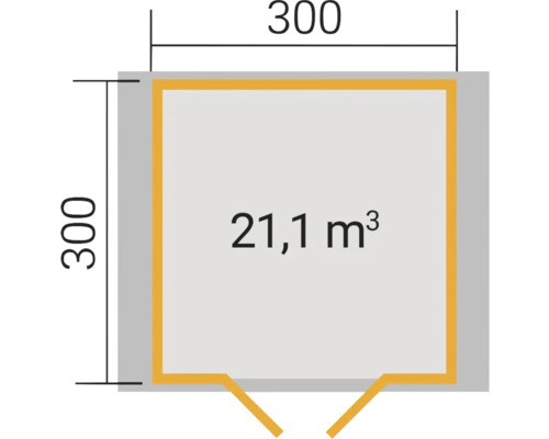 Grundrisszeichnung mit Abmessungen 300 x 300 cm und einem Volumen von 21,1 Kubikmeter