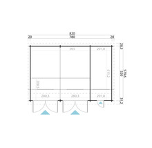 Grundrisszeichnung eines Gerätehauses mit Maßangaben