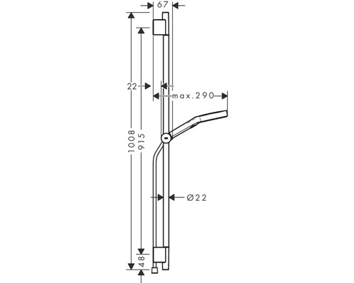 Technische Zeichnung einer Duschstange mit Maßangaben