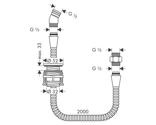 Installationsskizze für einen Siphon mit flexiblen Anschlussrohren und Größenangaben