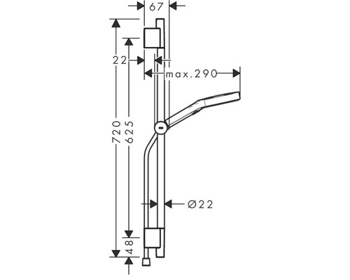 Technische Zeichnung einer Duschstange mit Maßangaben