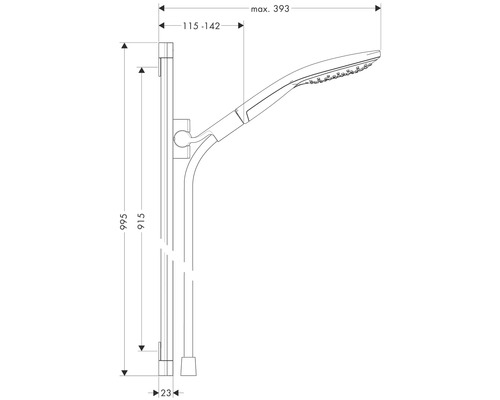Technische Zeichnung einer Duschstange mit Abmessungen