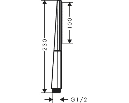 Technische Zeichnung eines Wasserhahnauslaufs mit den Maßen 230 mm Höhe und 100 mm Ausladung, Anschluss G 1/2