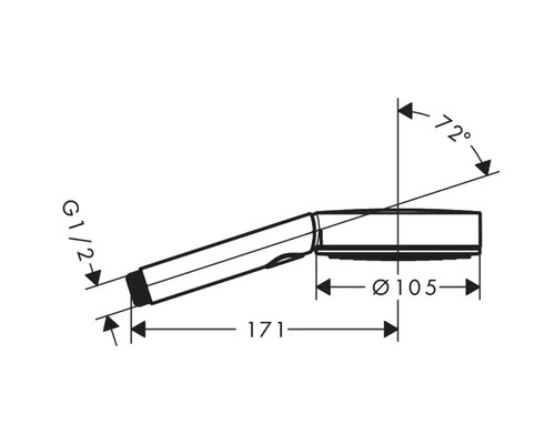 Technische Zeichnung einer Handbrause mit Maßangaben