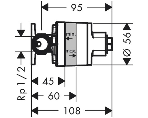 Technische Zeichnung eines Thermostats mit Maßangaben